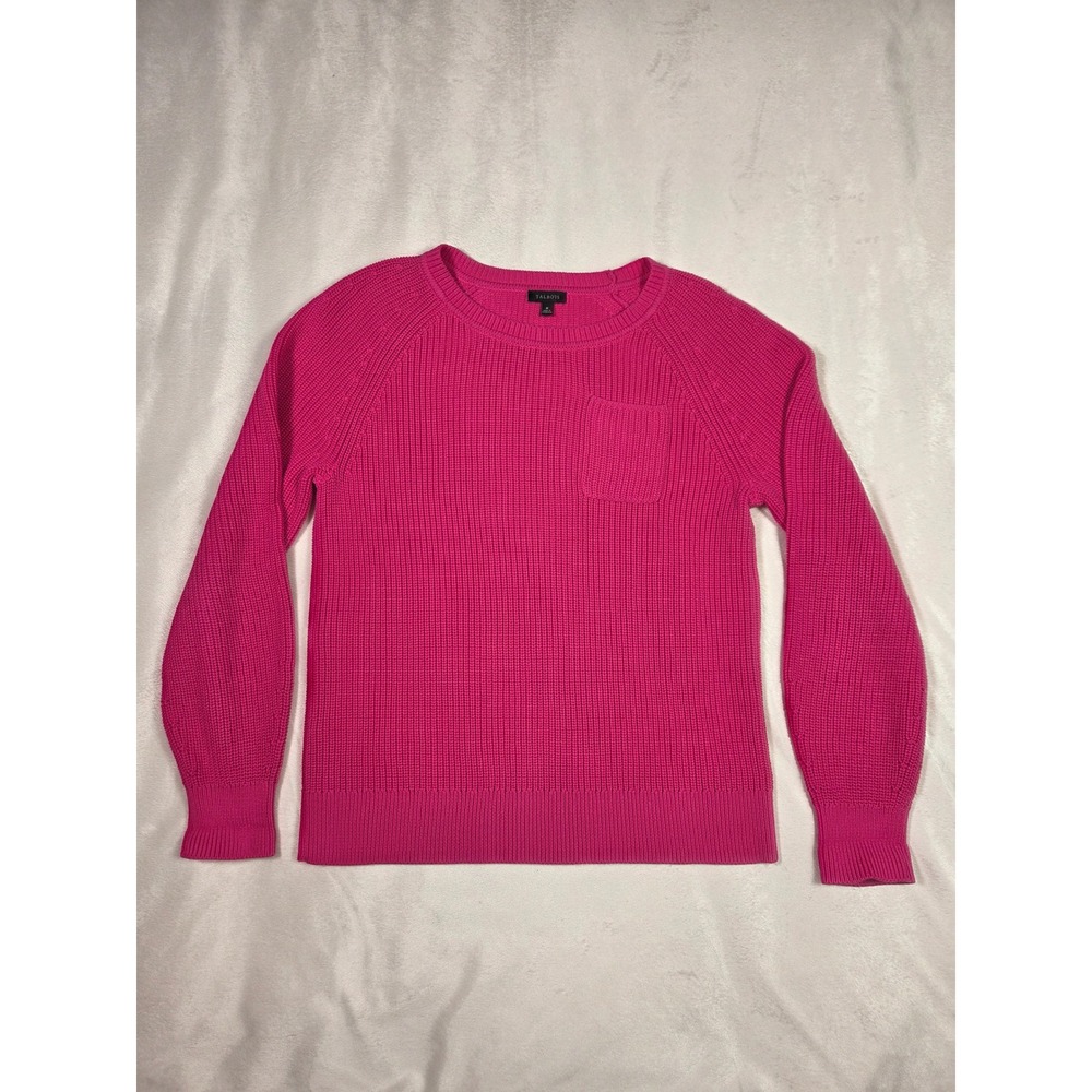 Talbots 100% Pima Cotton Hot Pink Shaker Stitch Crewneck Sweater Womens Medium